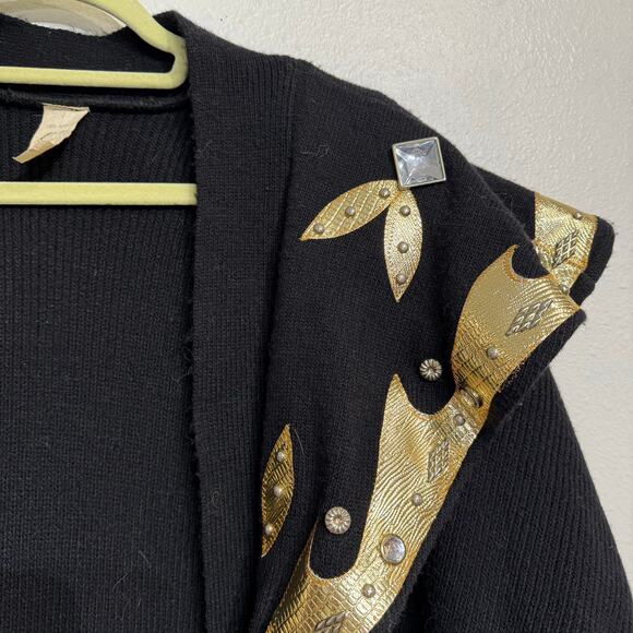 Black Long Line Gold Trim Open Front Vintage Cardigan Sz O/S - Picture 6 of 13